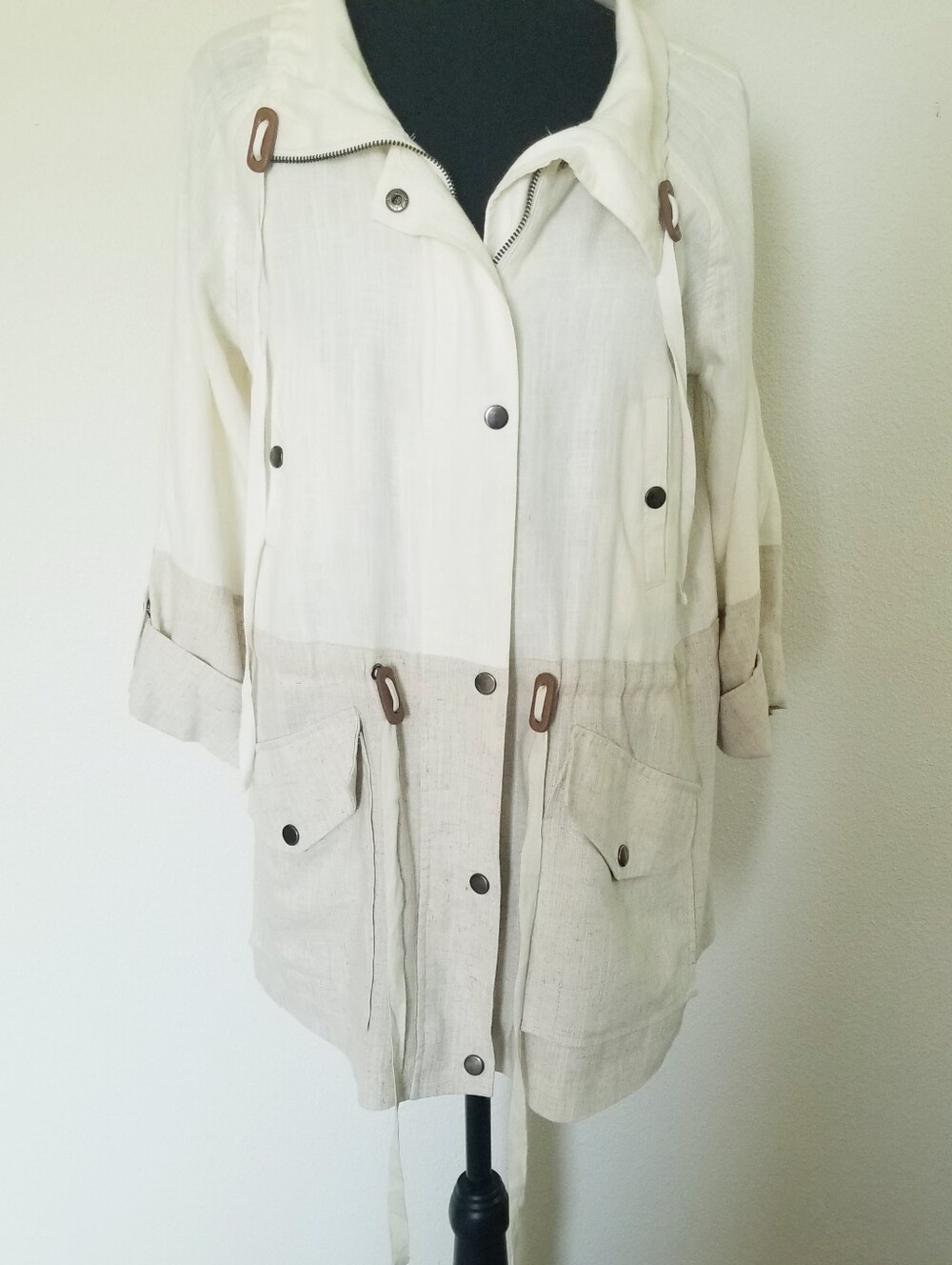 Blu Pepper Color Block Lined Jacket Linen Blend Zip Snap Off White M